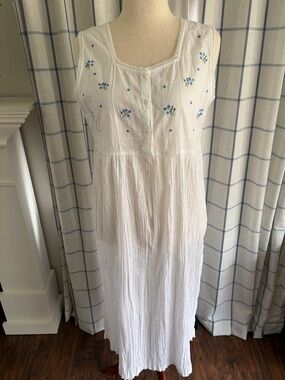 Cotton Dainty Blue Embroidered Florwers Empire Waist Midi Nightgown Dress